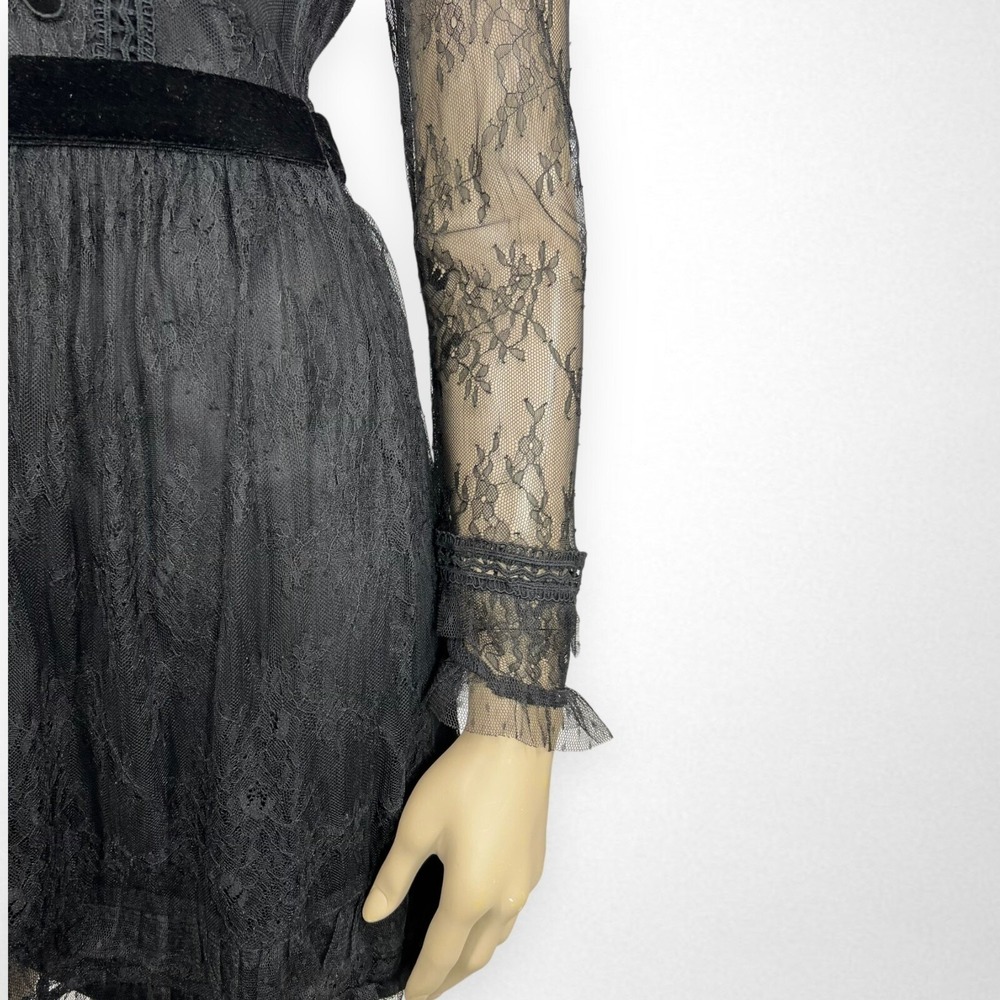ZARA BASIC Small Black Lace Sheer Long Sleeve Dress High Neck Little Black Dress - Picture 6 of 8